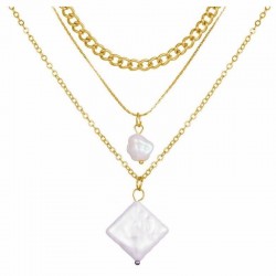 Collar multicapa con cadenas chapadas en oro y perlas blancas