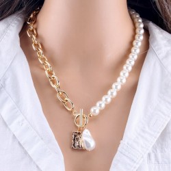 Collares doble capa con perlas de fantasía y cadena chapada en oro 18k