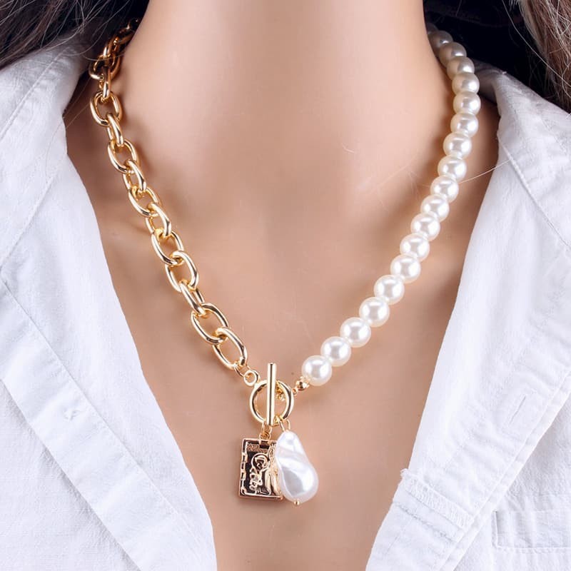 Collares doble capa con perlas de fantasía y cadena chapada en oro 18k