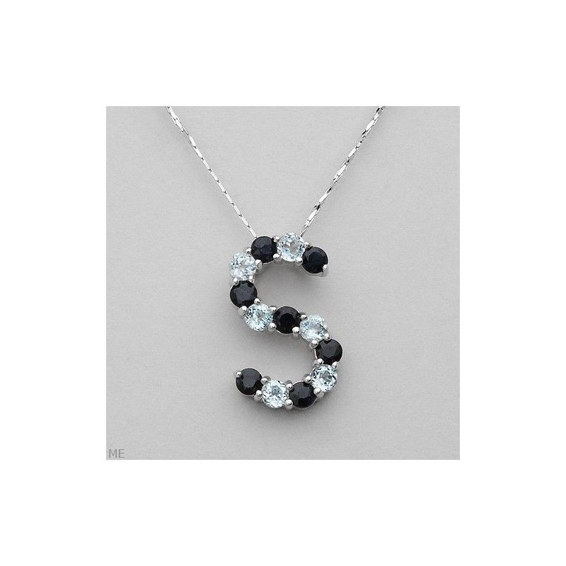 Colgante de plata de ley 925 diseño letra S con topacios y zafiros, cadena de 40 cm