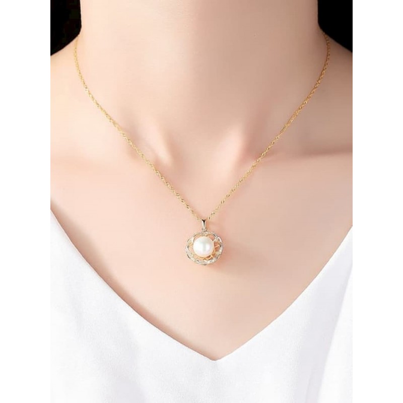 Collar con colgante de plata de ley 925 chapado oro 18k con perla blanca y circonias amarillas