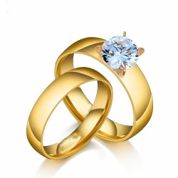 Anillo de boda de acero inoxidable chapado en oro 14k con gran circón de color blanco