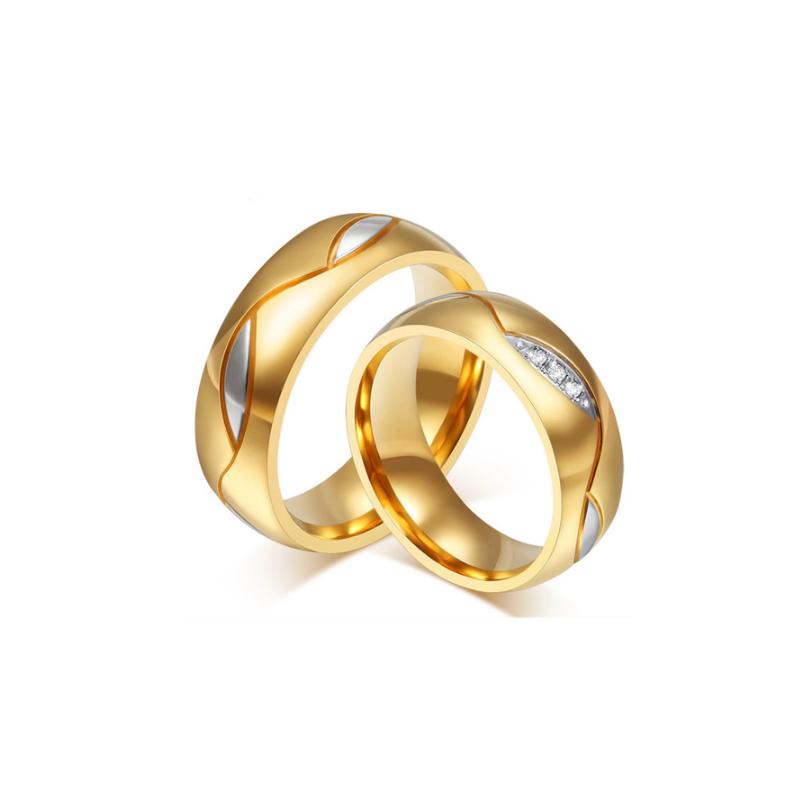 Elegantes Alianzas de parejas en acero inoxidable acabado oro 18k con circonitas blancas