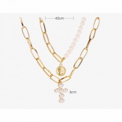 Collar doble capa con cadenas chapadas de oro con perlas de color blanco