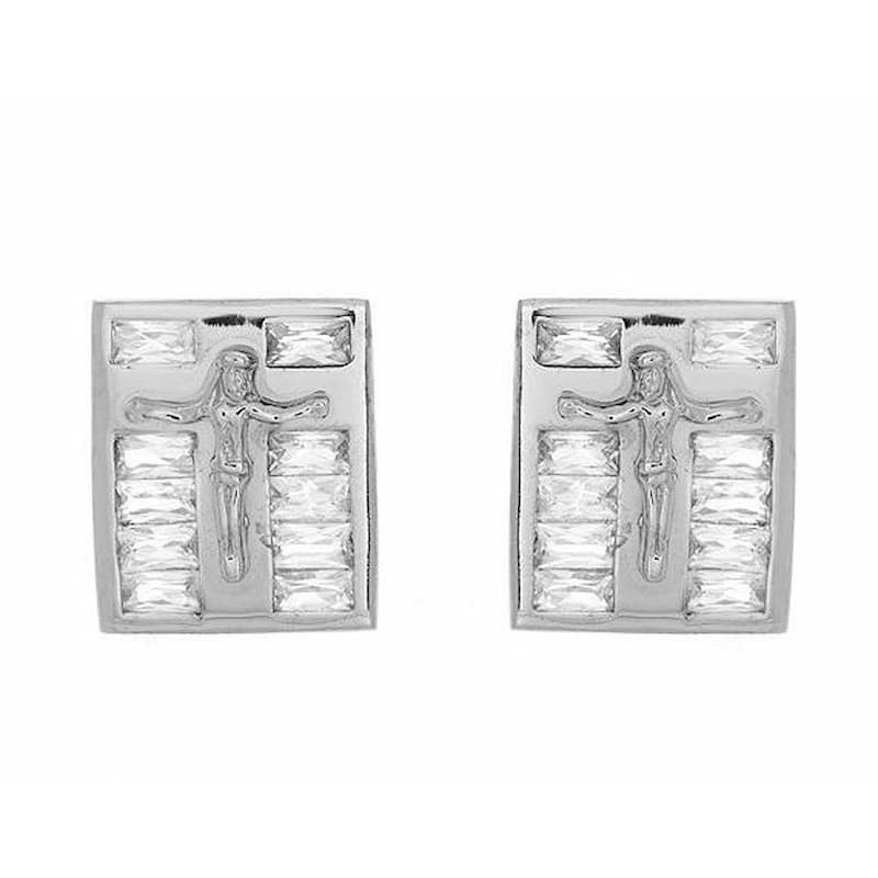 Pendientes diseñados con una imagen de Jesus rodeado de circonias blancas de plata fina