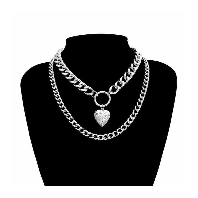 Collar de dos cadenas chapadas con colgante portafotos diseño corazón