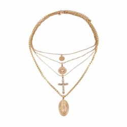 Collar largo de cuatro capas de color dorado con cruz