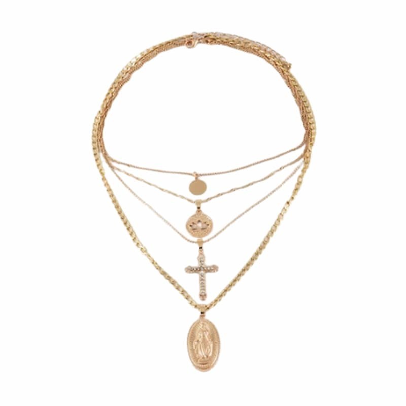 Collar largo de cuatro capas de color dorado con cruz