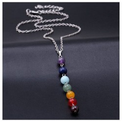 Collar de acero chapado en plata con piedras 7 chakras de perlas de colores