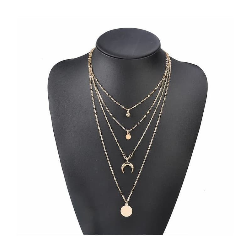 Collar de 4 capas de cadenas chapadas con medallas y media luna