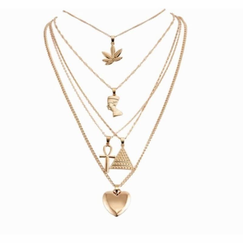 Collar de 5 capas diseñado con motivos egipcios con cadenas chapadas en oro