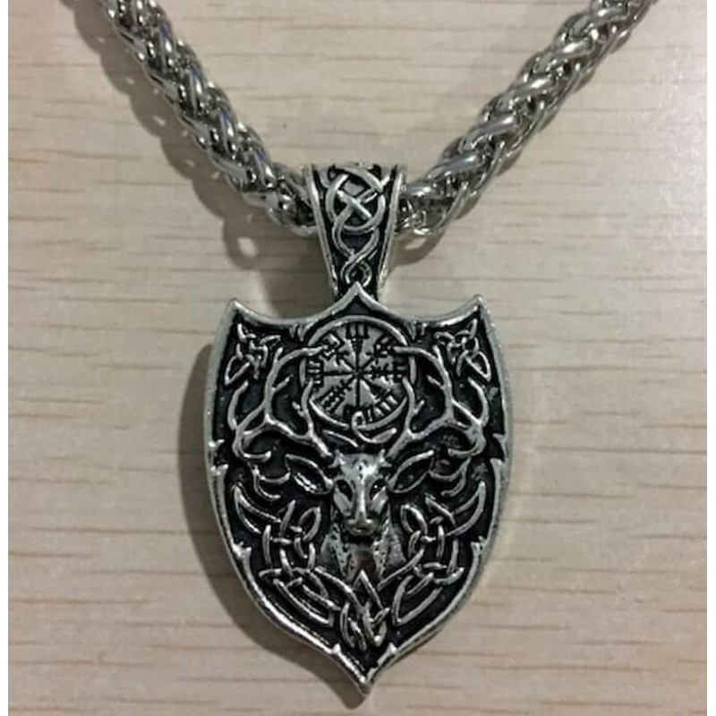 Collar de acero inoxidable con cadena gruesa y diseño de amuleto vikingo doble ciervo