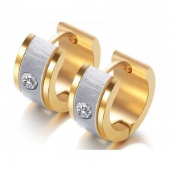 Pendientes en dos tonos de acero inoxidable diseño hoop con piedras redondas de cristal blanco