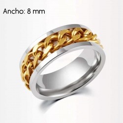 Anillo de acero inoxidable para bodas con diseño central de cadenas doradas