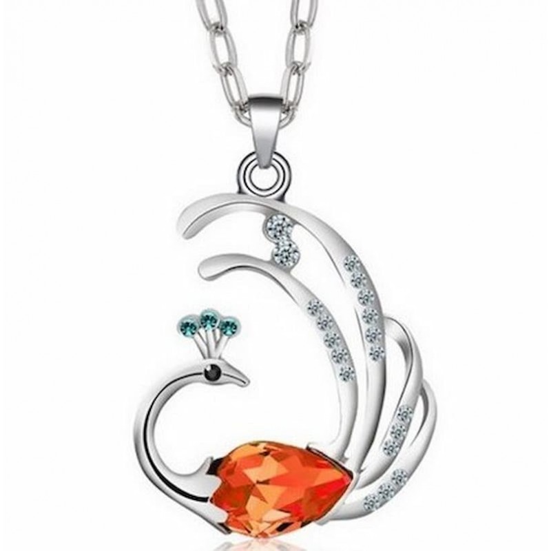 Collar de mujer diseño Pavo Real en acero inoxidable y piedra de cristal de color