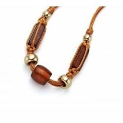 Fantástico collar hecho a mano con cordón de cuero marrón y cuentas de acero plateado