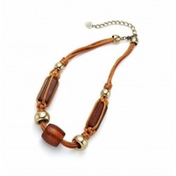 Fantástico collar hecho a mano con cordón de cuero marrón y cuentas de acero plateado
