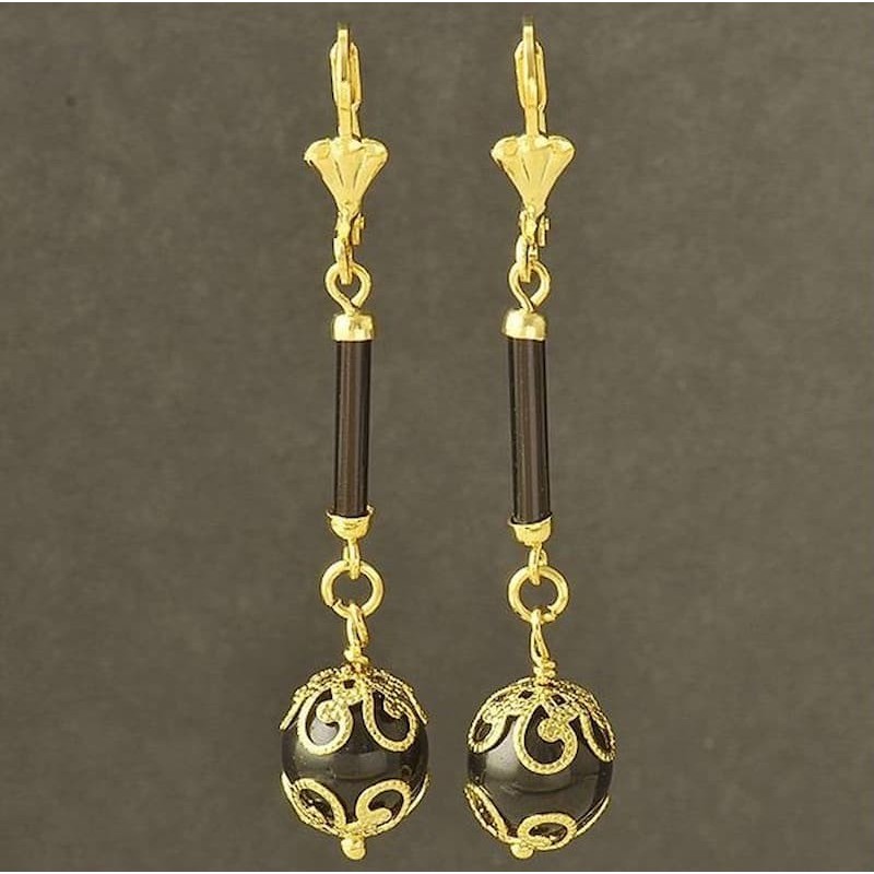 Pendientes negros de onix para fiestas diseño largos con colgante redondo
