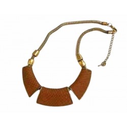 Collar gargantilla dorada vintage con auténtica piel de color marrón oscuro