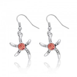 Pendientes de acero inoxidable chapado en plata diseño estrella de mar con cristales blancos y circón central de color rosa