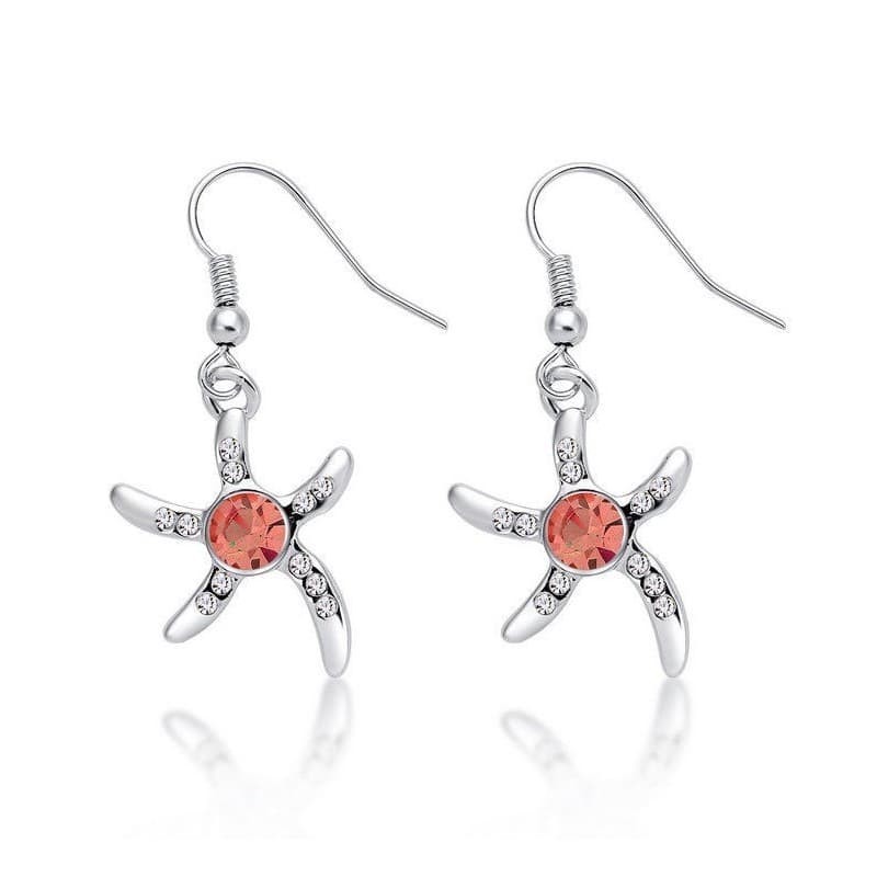 Pendientes de acero inoxidable chapado en plata diseño estrella de mar con cristales blancos y circón central de color rosa