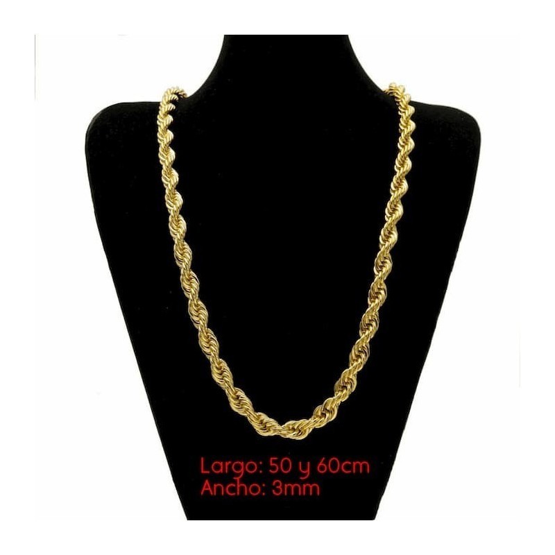 Cadena cordón salomónico de oro chapado 9k de 3 mm y 50 o 60 cm de largo