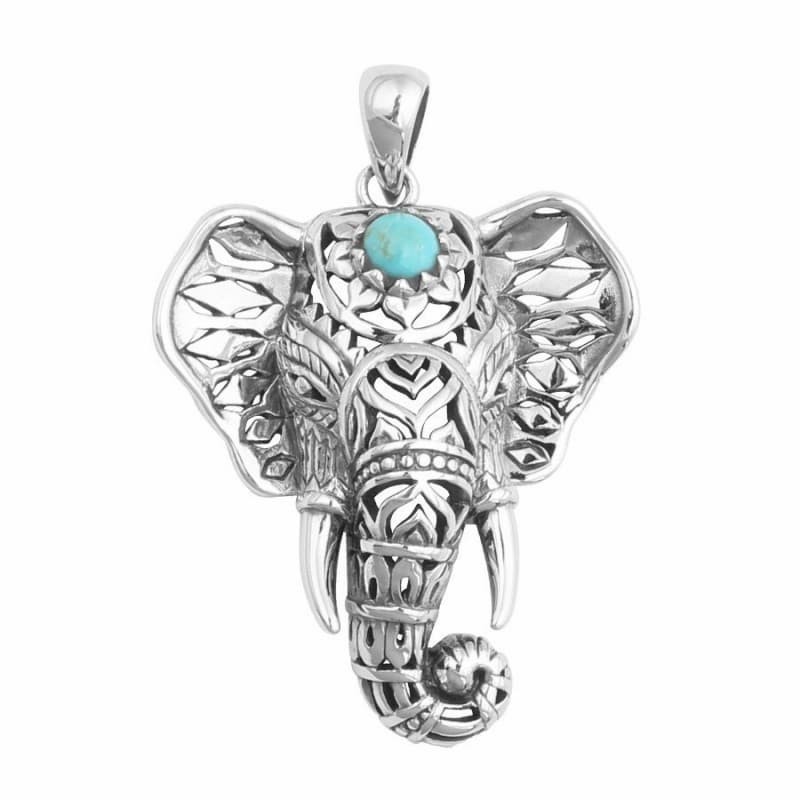 Collar de acero estilo plata envejecida diseñado con un colgante de cabeza de elefante y turquesa azul