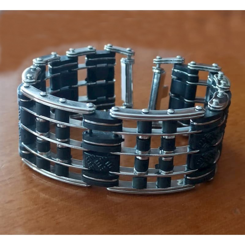 Pulsera de hombre diseño bike muy ancha de acero inoxidable y goma de 21,5 cm de largo