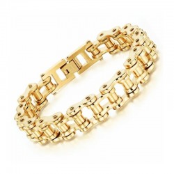 PULSERA DE ACERO INOXIDABLE ANTIALÉRGICO CHAPADO ORO 18K DISEÑADA CON ESLABÓNES EN FORMA DE CADENA DE BICICLETA DE 22 CM