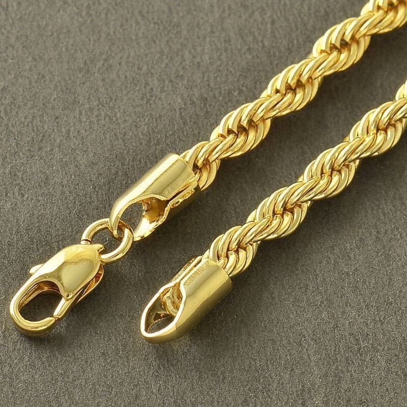 Pulsera de acero inoxidable dorado con diseño de cordón salomónico trenzado y cierre de seguridad.de largo