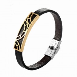 Pulsera de acero y piel de color negro con diseño moderno en color dorado