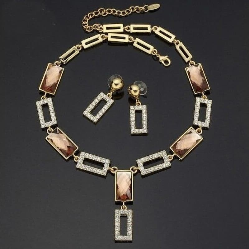 Conjunto de collar y pendientes de mujer zafiro rosa de imitación y cristales blancos