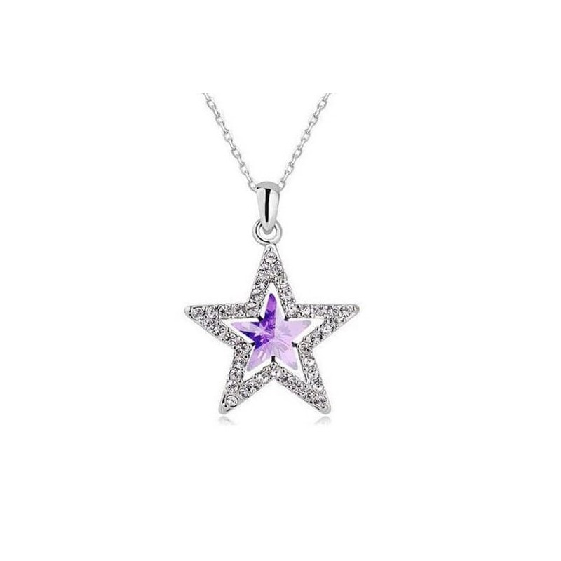Collar de acero inoxidable con colgante en forma de estrella de cinco puntas y cristal central color púrpura amatista.