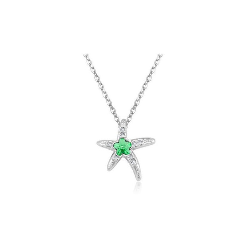 Collar de acero inoxidable con colgante en forma de estrella de mar y cristal central facetado en color verde esmeralda.