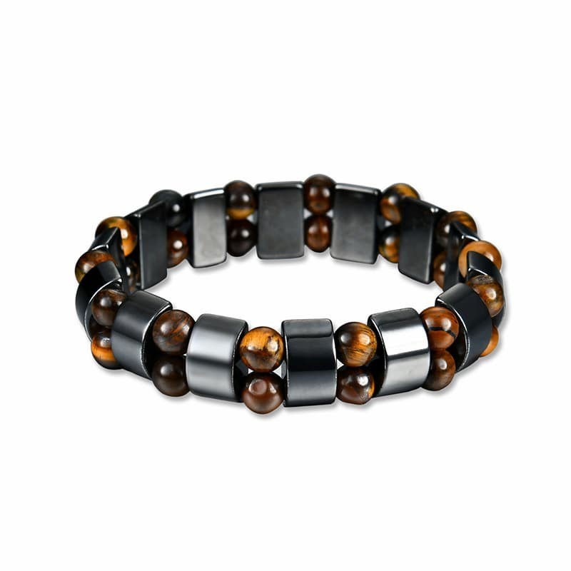 Pulsera elástica de cuentas de hematita gris metalizado con piedras naturales de ojo de tigre y propiedades magnéticas.
