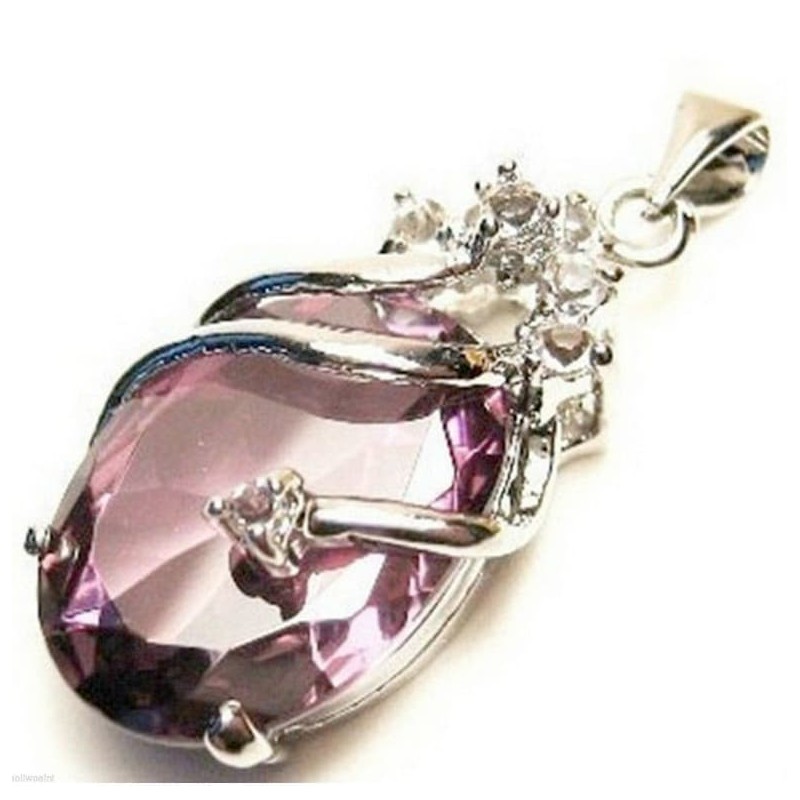 Cadena con colgante de acero chapado en plata y piedra grande de color rosa para una mujer elegante