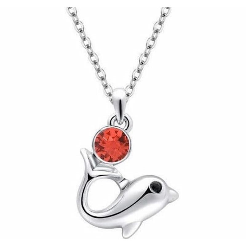 Collar para mujer en acero bañado en plata diseñado con un delfín y piedra de color