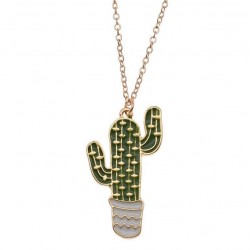 Collar de acero dorado con colgante cactus esmaltado y cadena de 50 cm de largo