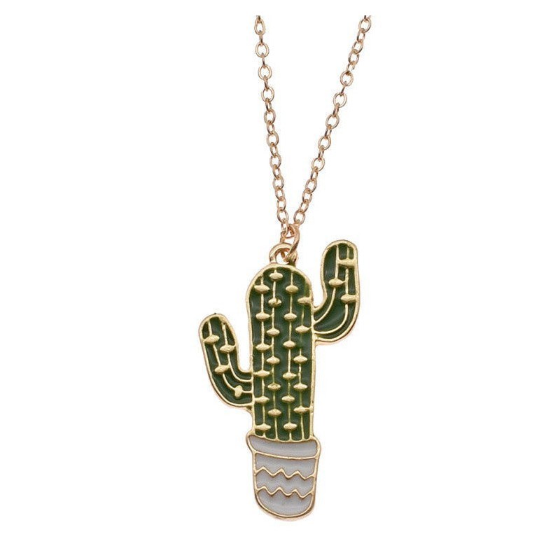 Collar de acero dorado con colgante cactus esmaltado y cadena de 50 cm de largo
