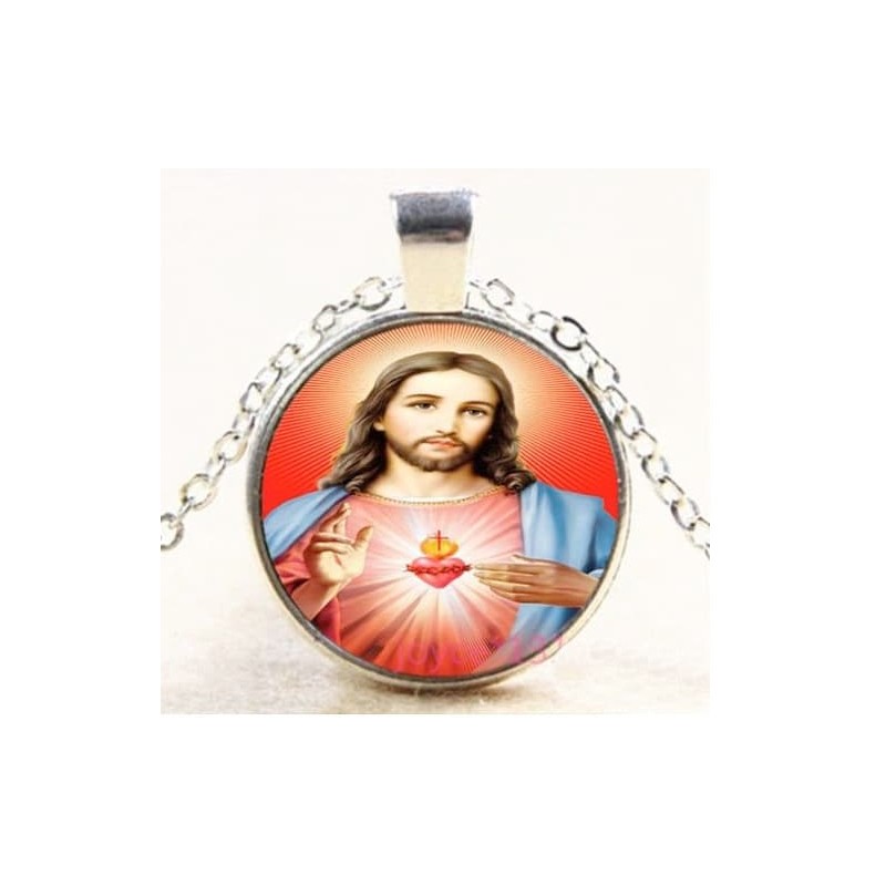 Collar cabujón de acero chapado en plata con imagen Sagrado Corazón y cadena de 48 cm de largo