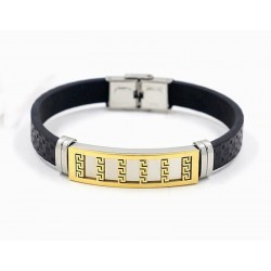 Pulsera de acero inoxidable biker chapado oro 18k con guardas griegas y piel