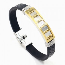 Pulsera de acero inoxidable biker chapado oro 18k con guardas griegas y piel