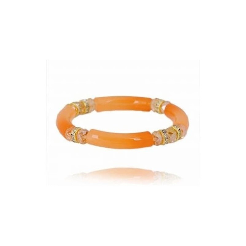 Pulsera de resina color naranja intenso con detalles de pequeños cristales blancos brillantes.