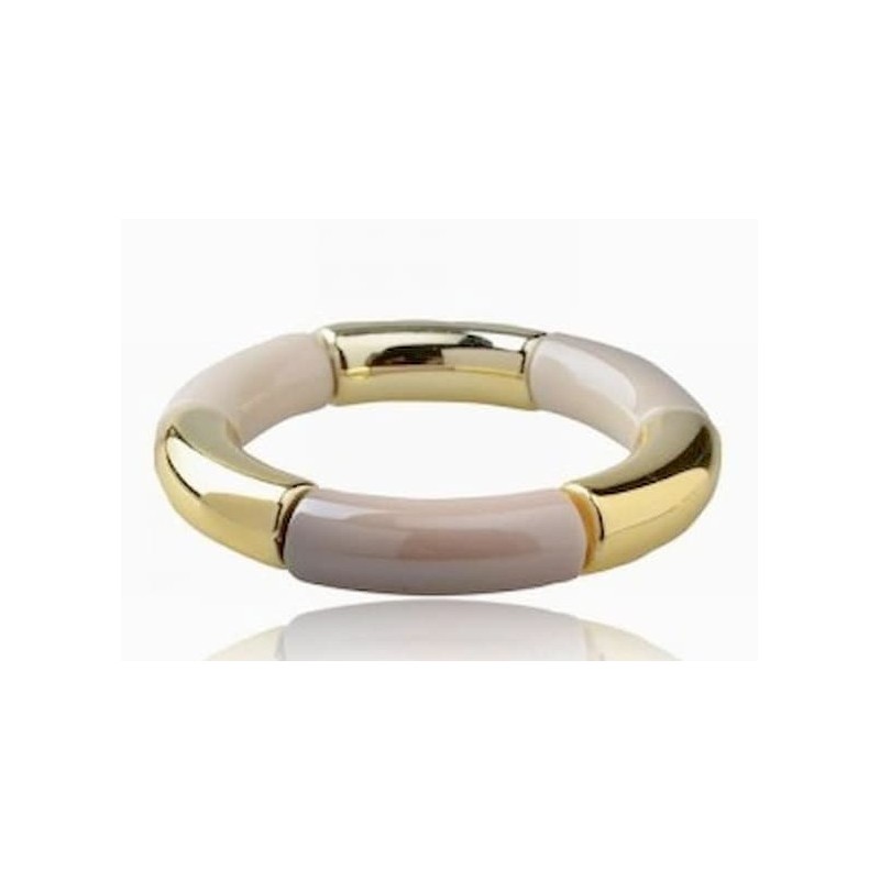 Pulsera de mujer con eslabones de acero inoxidable y piezas decorativas de acrílico pulido.