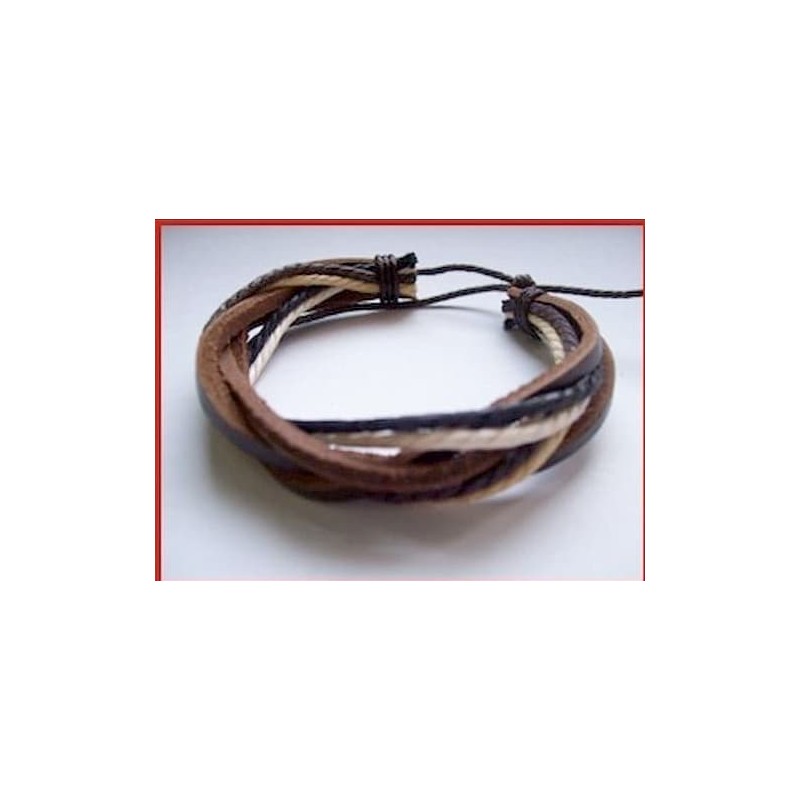 Pulsera artesanal de cuero auténtico marrón con diseño de cordón trenzado y nudos ajustables.