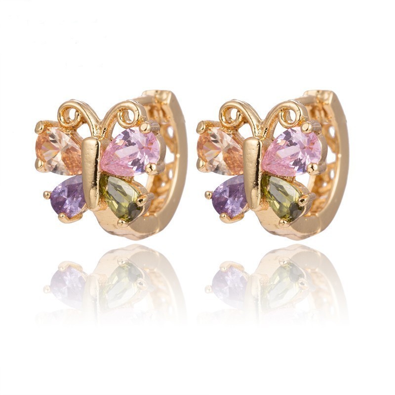 Pendientes para mujer fabricados de acero chapado oro 14k con diseño mariposa y cristal multicolor