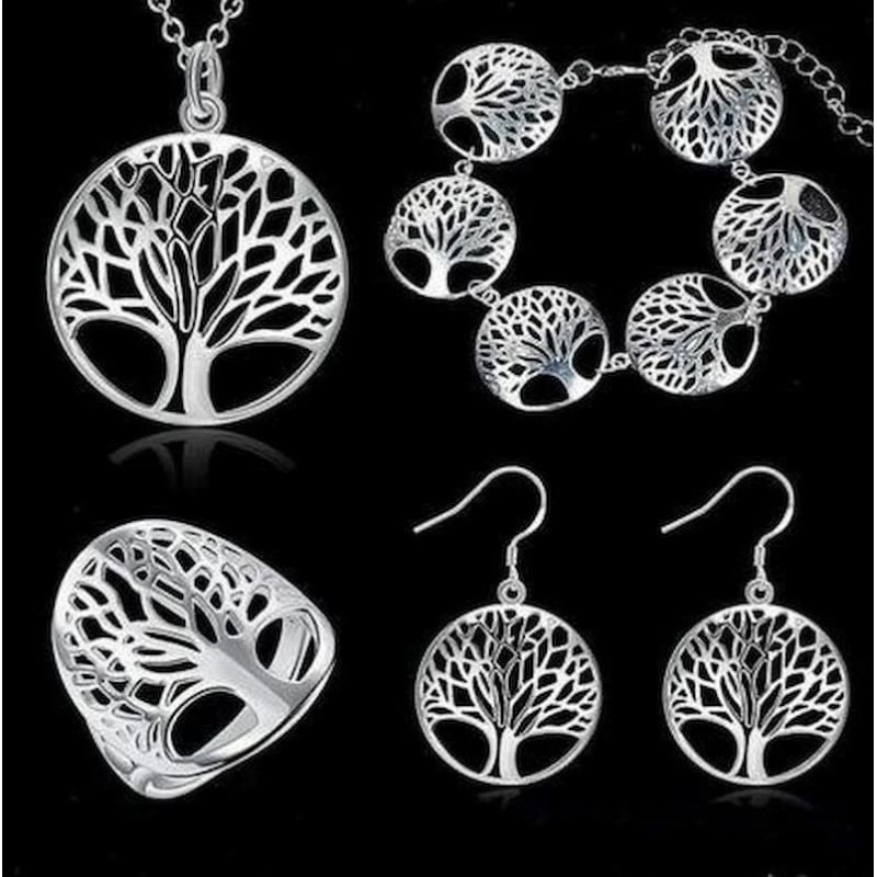 Impresionante conjunto de collar, pulsera, pendientes y anillo de acero bañado en plata diseñados con el árbol de la vida