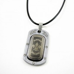 Collar fabricado de acero inoxidable 316 con diseño de flor de Lis y cordón de piel