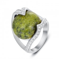 Anillo chapado en plata para mujer con gran piedra turquesa de color verde con pequeños cristales
