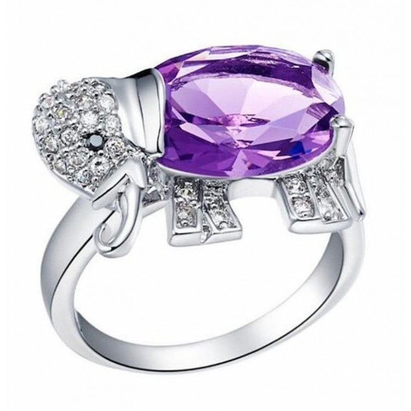 Anillo de acero chapado en plata para mujer diseñado con un elefante y gran piedra de color púrpura